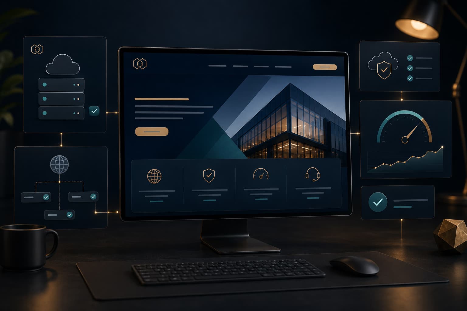 Premium hosting and launch support interface with domain setup, infrastructure cues, and go-live readiness