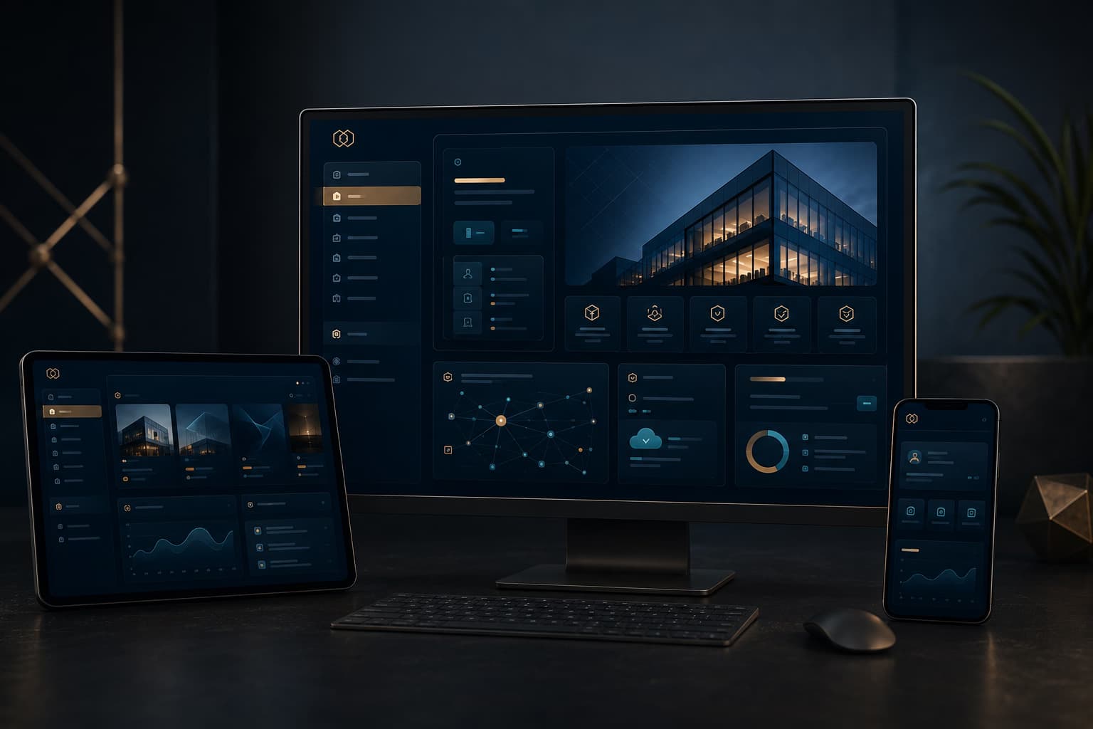 Premium overview of a larger custom website system with multiple polished digital surfaces